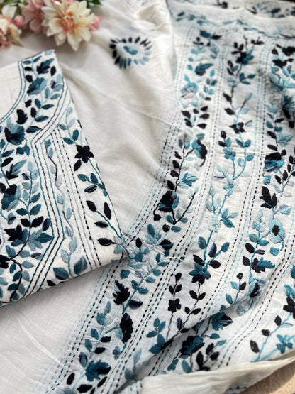 Ivory Blue Pure Cotton Hand-Embroidered Unstitched Dress Material