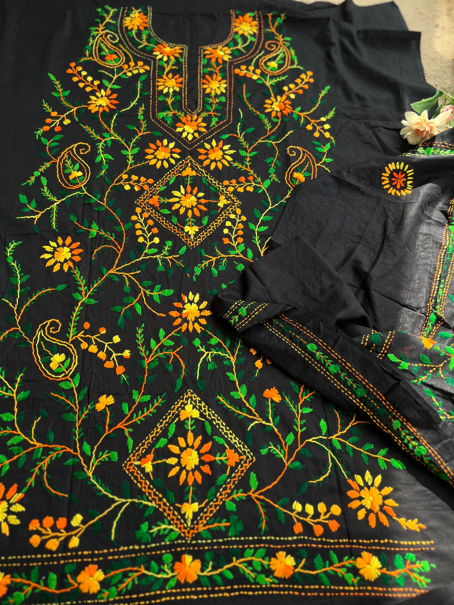 Black Multicolour Pure Cotton Hand-Embroidered Unstitched Dress Material