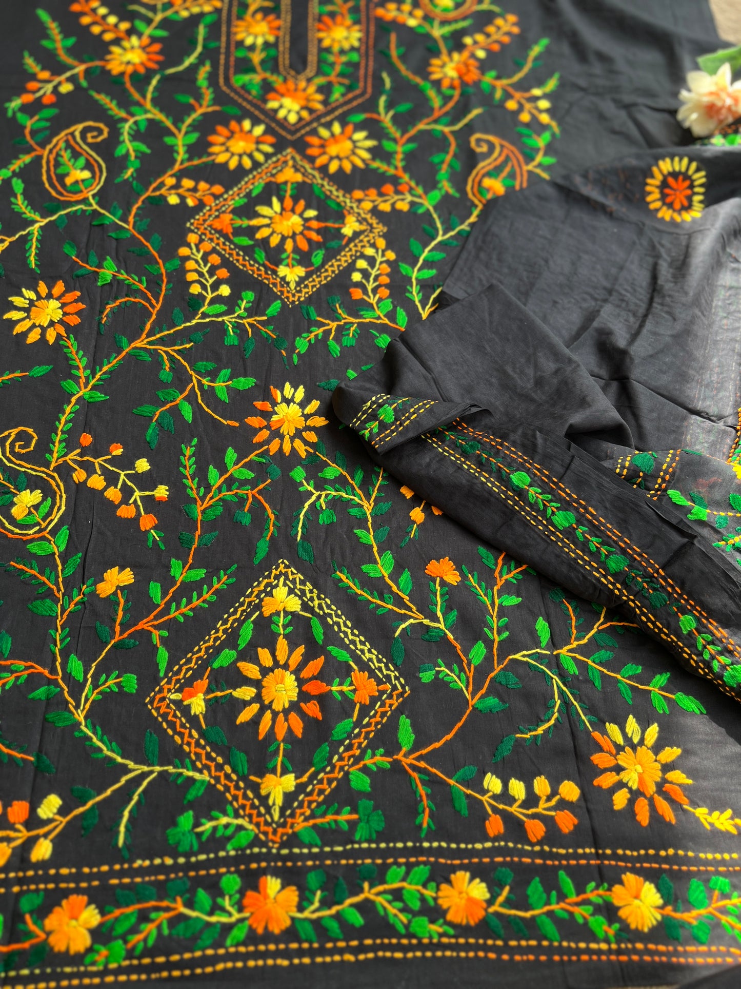 Black Multicolour Pure Cotton Hand-Embroidered Unstitched Dress Material