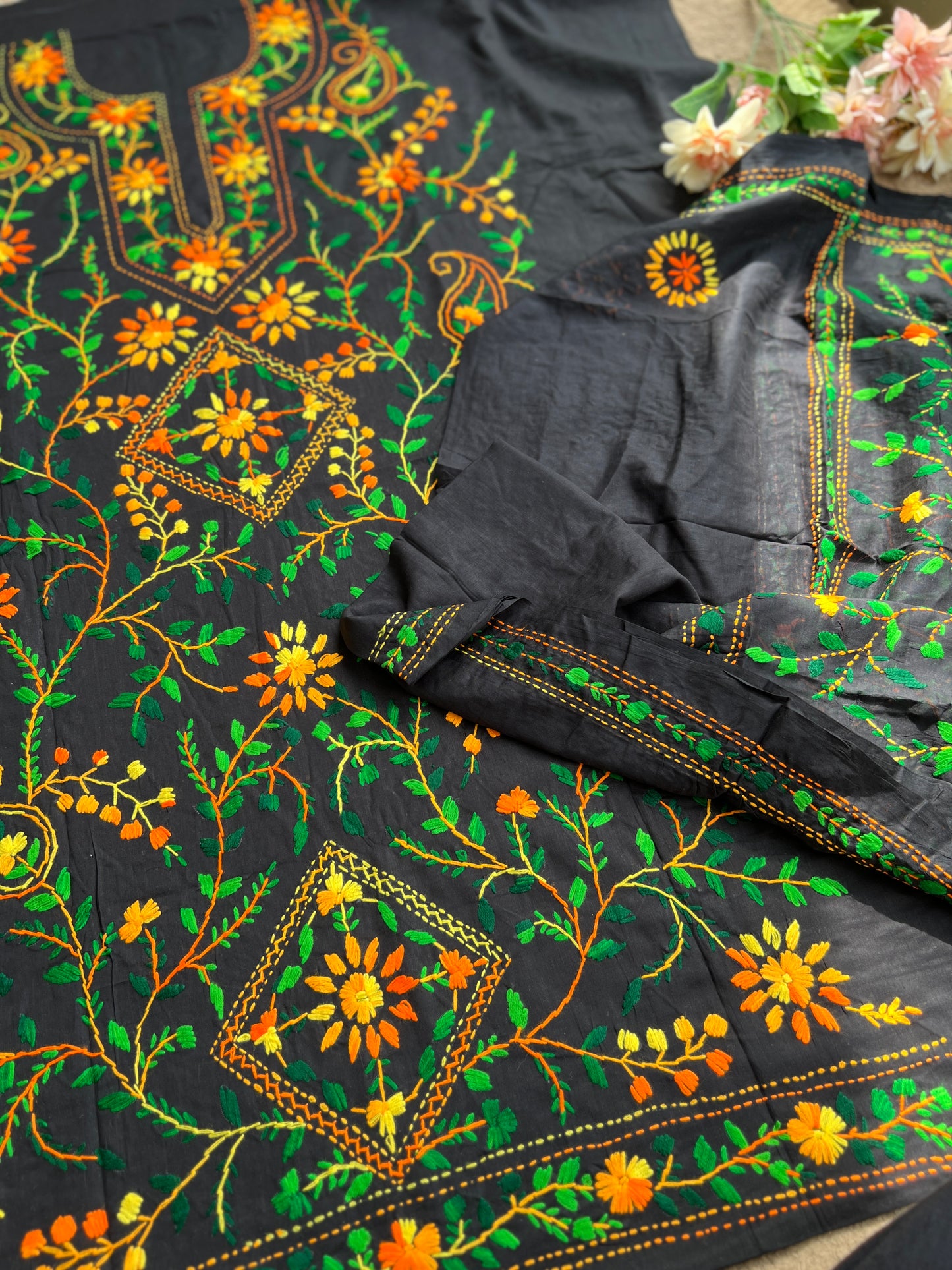Black Multicolour Pure Cotton Hand-Embroidered Unstitched Dress Material