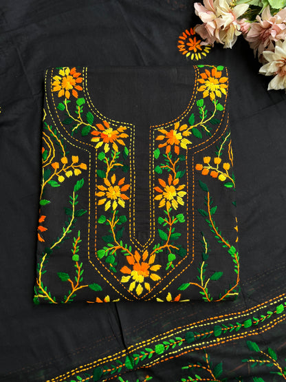 Black Multicolour Pure Cotton Hand-Embroidered Unstitched Dress Material