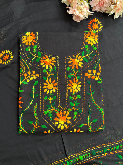 Black Multicolour Pure Cotton Hand-Embroidered Unstitched Dress Material