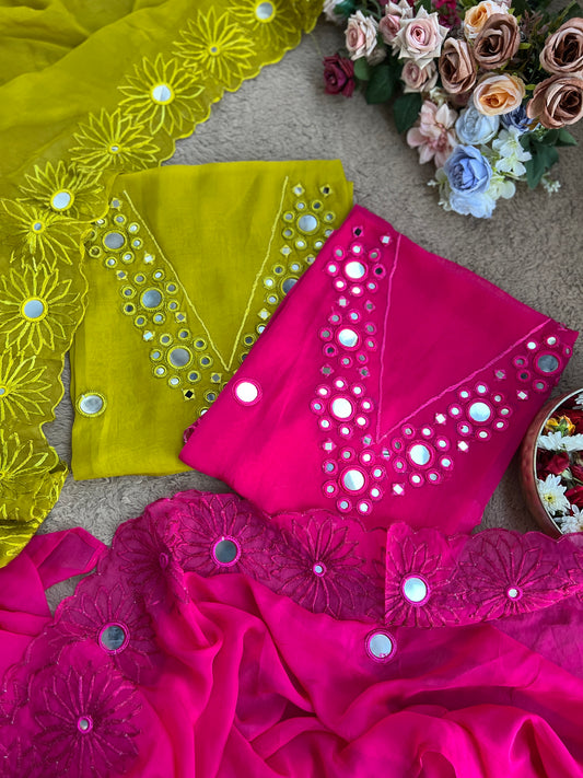 Handcrafted Organza Suits Adorned with Mirror Work & Embroidery