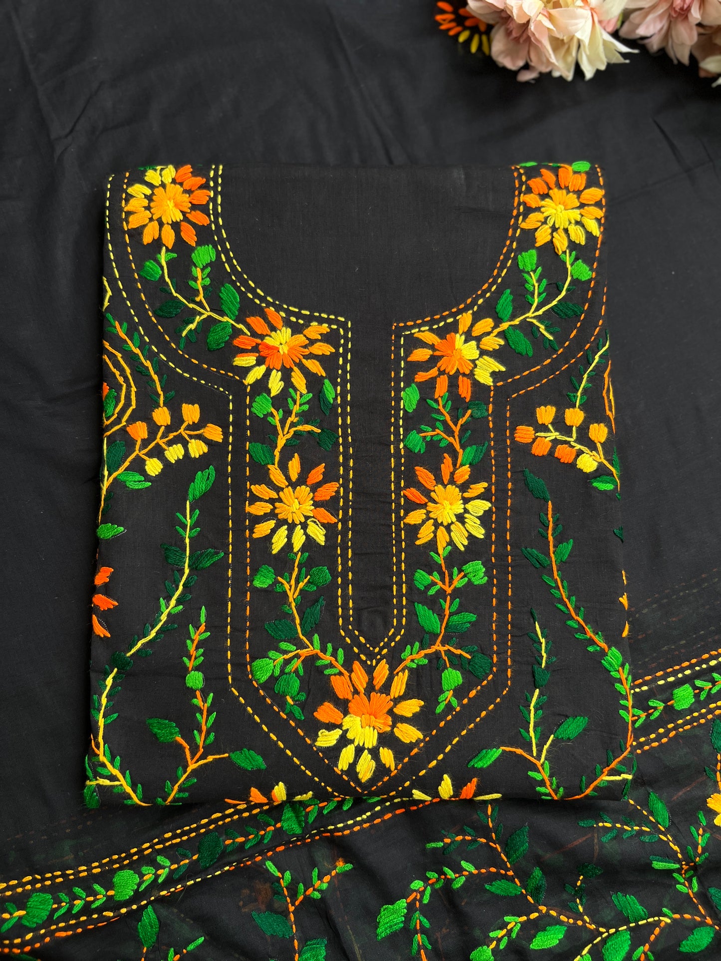 Black Multicolour Pure Cotton Hand-Embroidered Unstitched Dress Material