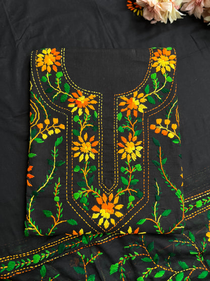 Black Multicolour Pure Cotton Hand-Embroidered Unstitched Dress Material