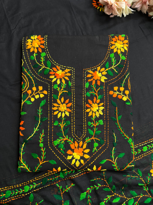 Black Multicolour Pure Cotton Hand-Embroidered Unstitched Dress Material