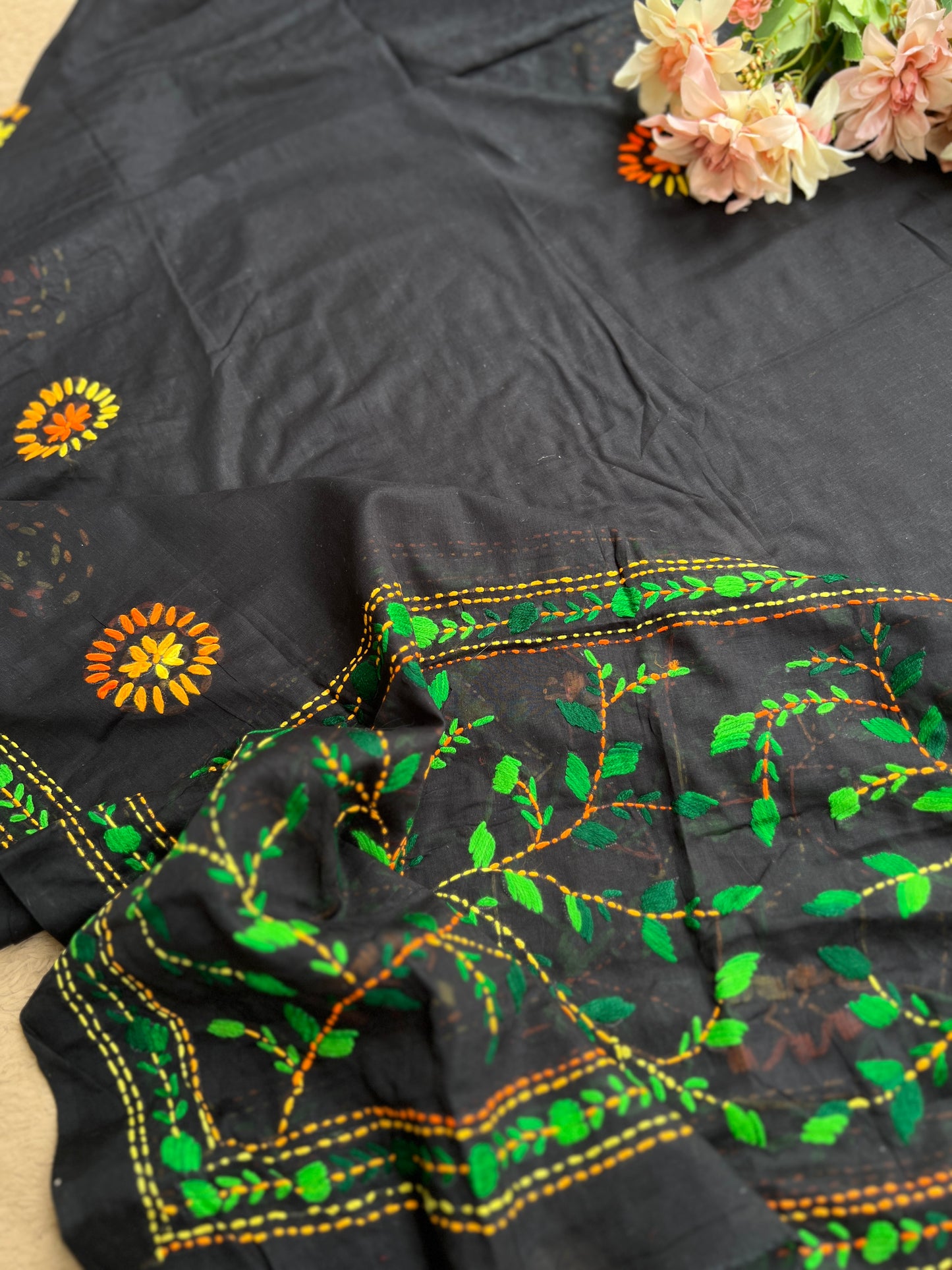 Black Multicolour Pure Cotton Hand-Embroidered Unstitched Dress Material