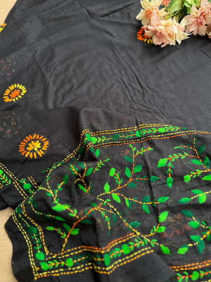 Black Multicolour Pure Cotton Hand-Embroidered Unstitched Dress Material