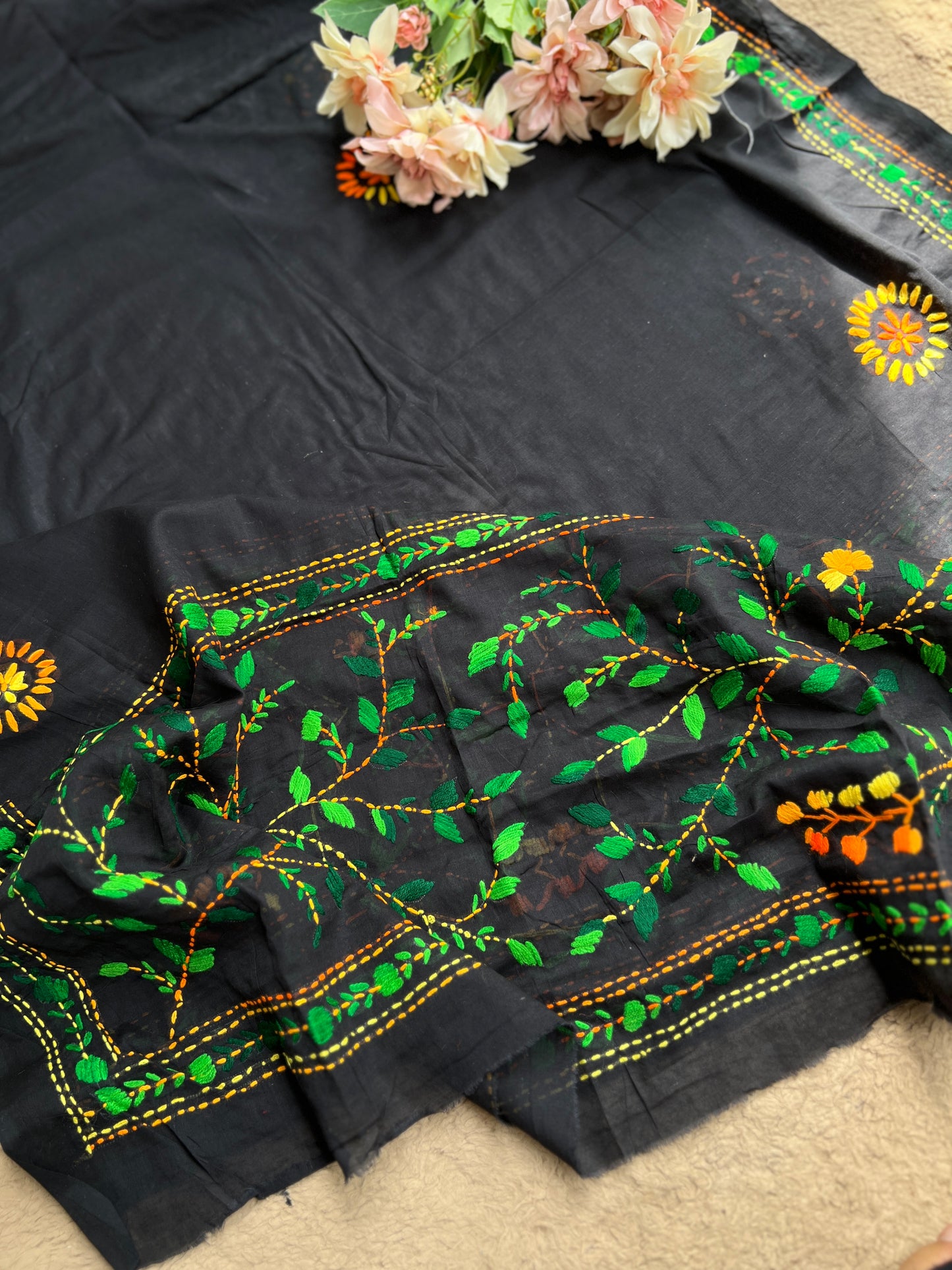 Black Multicolour Pure Cotton Hand-Embroidered Unstitched Dress Material