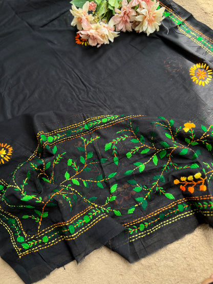 Black Multicolour Pure Cotton Hand-Embroidered Unstitched Dress Material