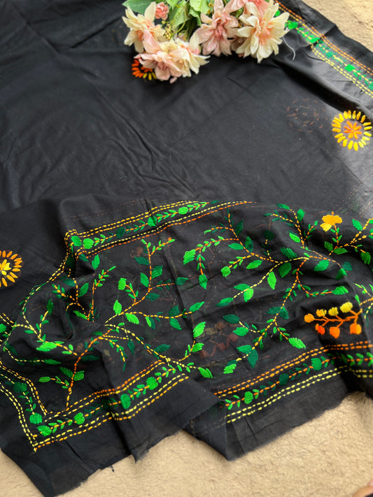 Black Multicolour Pure Cotton Hand-Embroidered Unstitched Dress Material