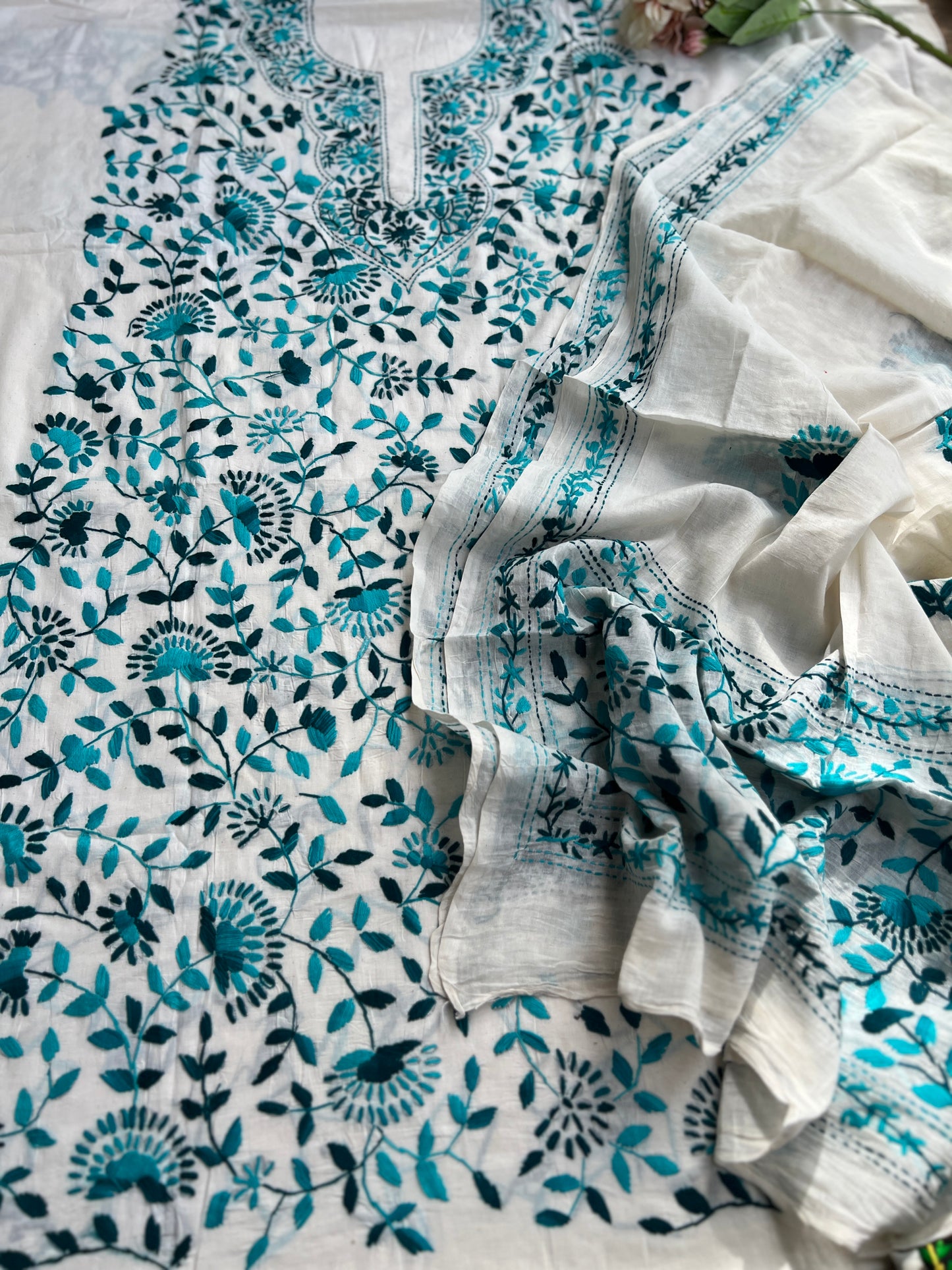 Ivory Teal Pure Cotton Hand-Embroidered Unstitched Dress Material