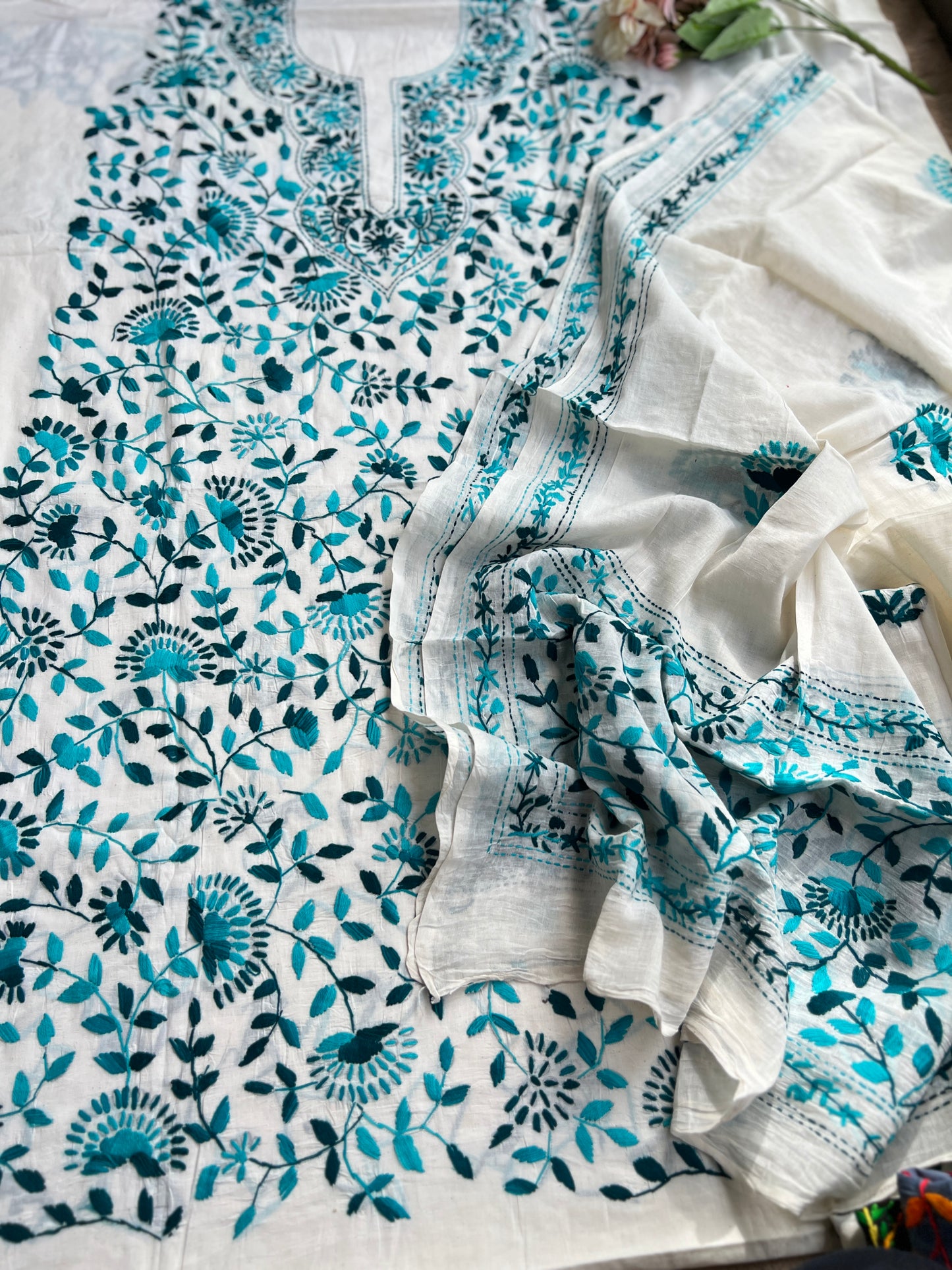 Ivory Teal Pure Cotton Hand-Embroidered Unstitched Dress Material