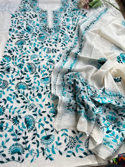 Ivory Teal Pure Cotton Hand-Embroidered Unstitched Dress Material