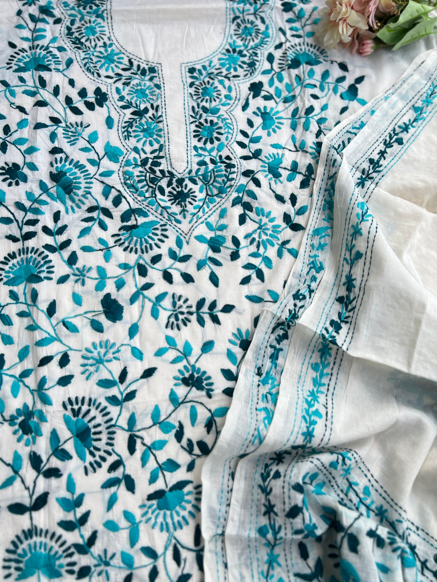 Ivory Teal Pure Cotton Hand-Embroidered Unstitched Dress Material
