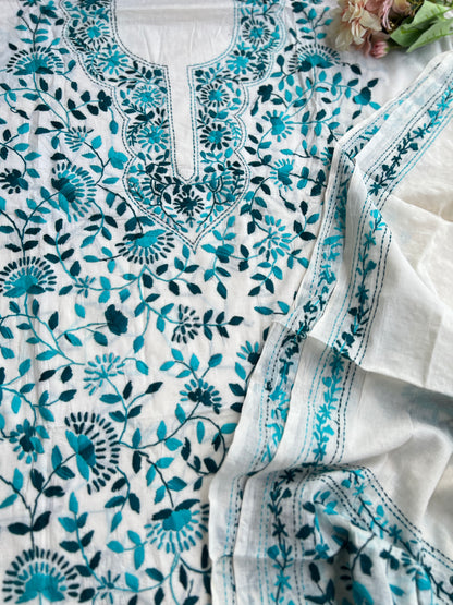 Ivory Teal Pure Cotton Hand-Embroidered Unstitched Dress Material