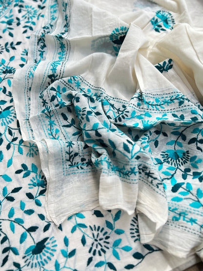 Ivory Teal Pure Cotton Hand-Embroidered Unstitched Dress Material