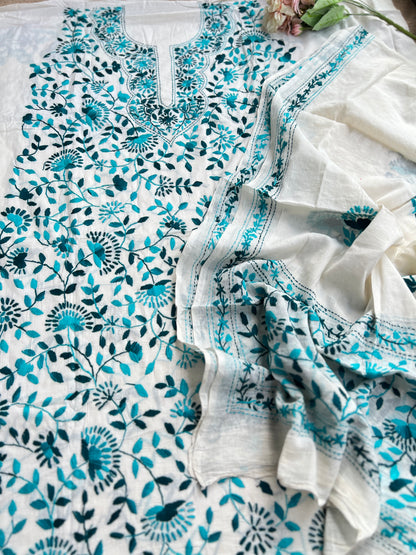 Ivory Teal Pure Cotton Hand-Embroidered Unstitched Dress Material