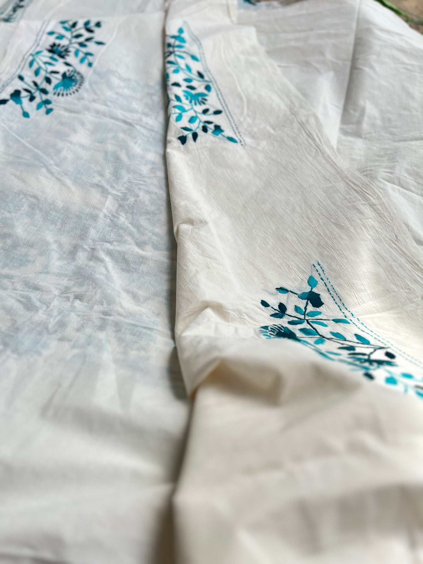Ivory Teal Pure Cotton Hand-Embroidered Unstitched Dress Material