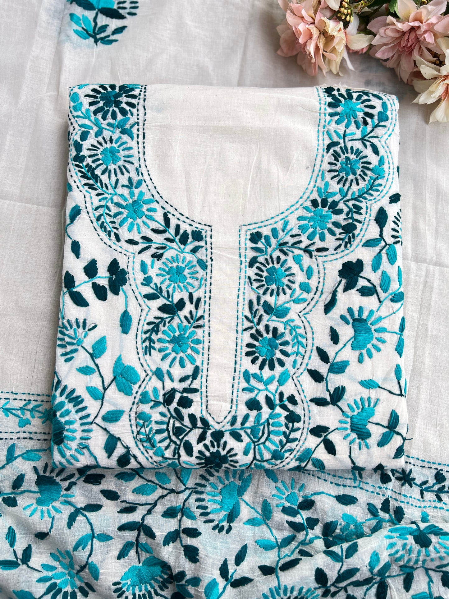 Ivory Teal Pure Cotton Hand-Embroidered Unstitched Dress Material