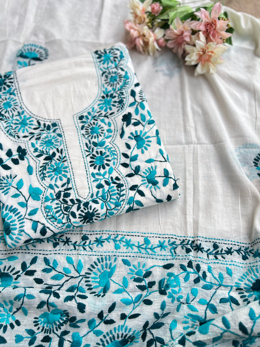 Ivory Teal Pure Cotton Hand-Embroidered Unstitched Dress Material