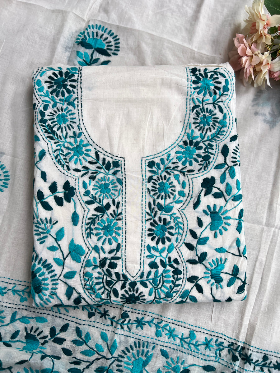 Ivory Teal Pure Cotton Hand-Embroidered Unstitched Dress Material