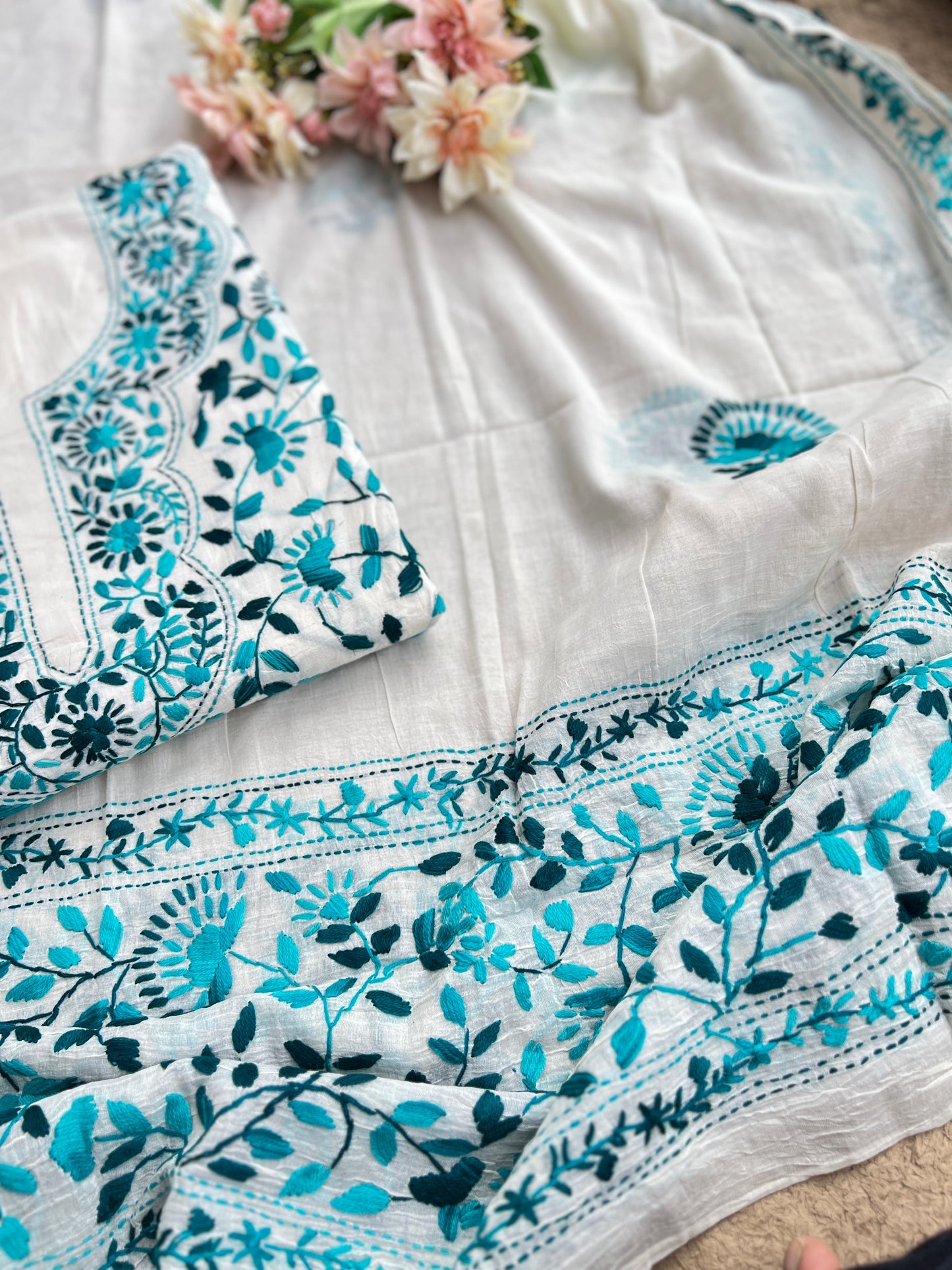 Ivory Teal Pure Cotton Hand-Embroidered Unstitched Dress Material