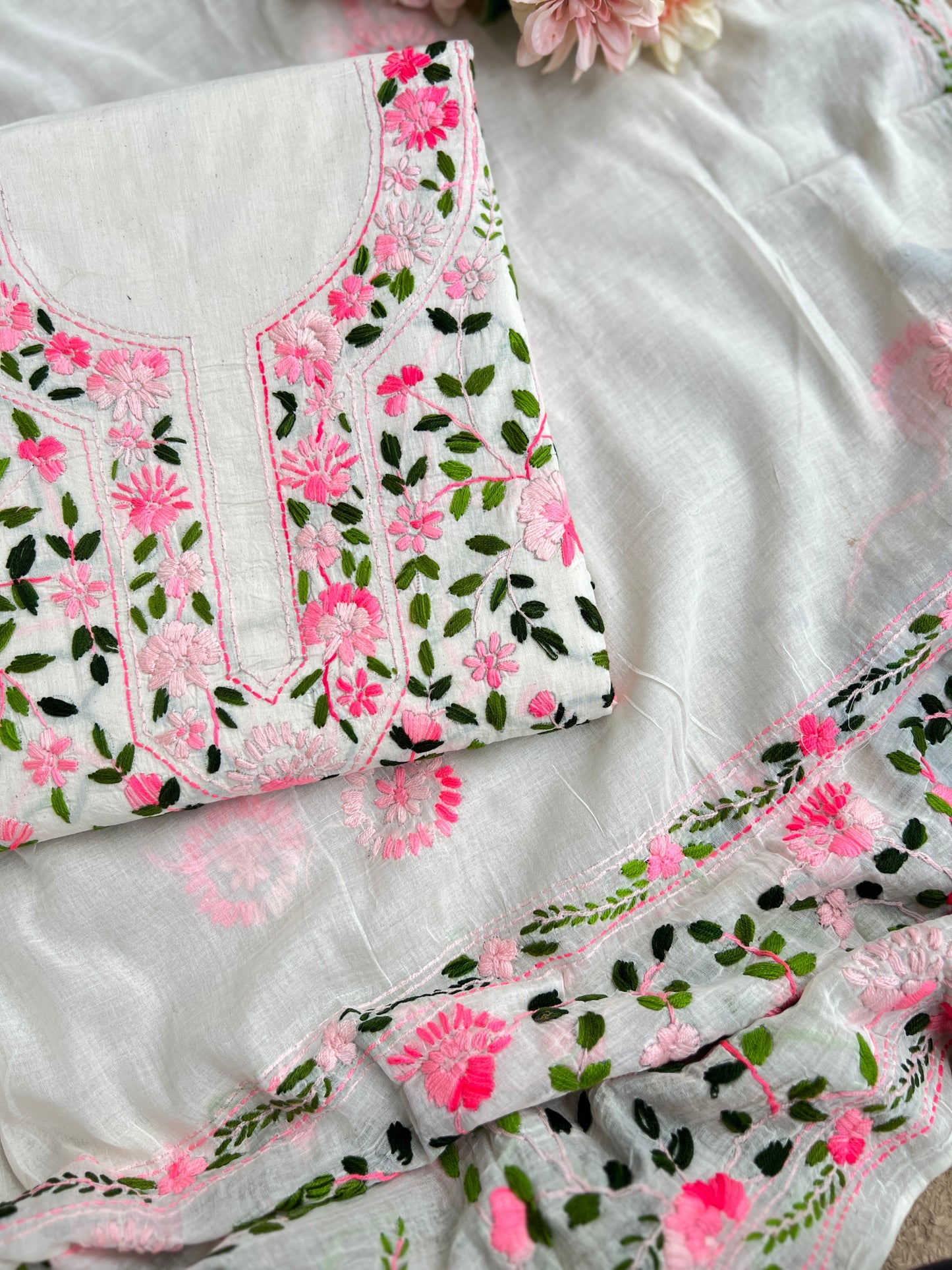 Ivory Pink Pure Cotton Hand-Embroidered Salwar suit