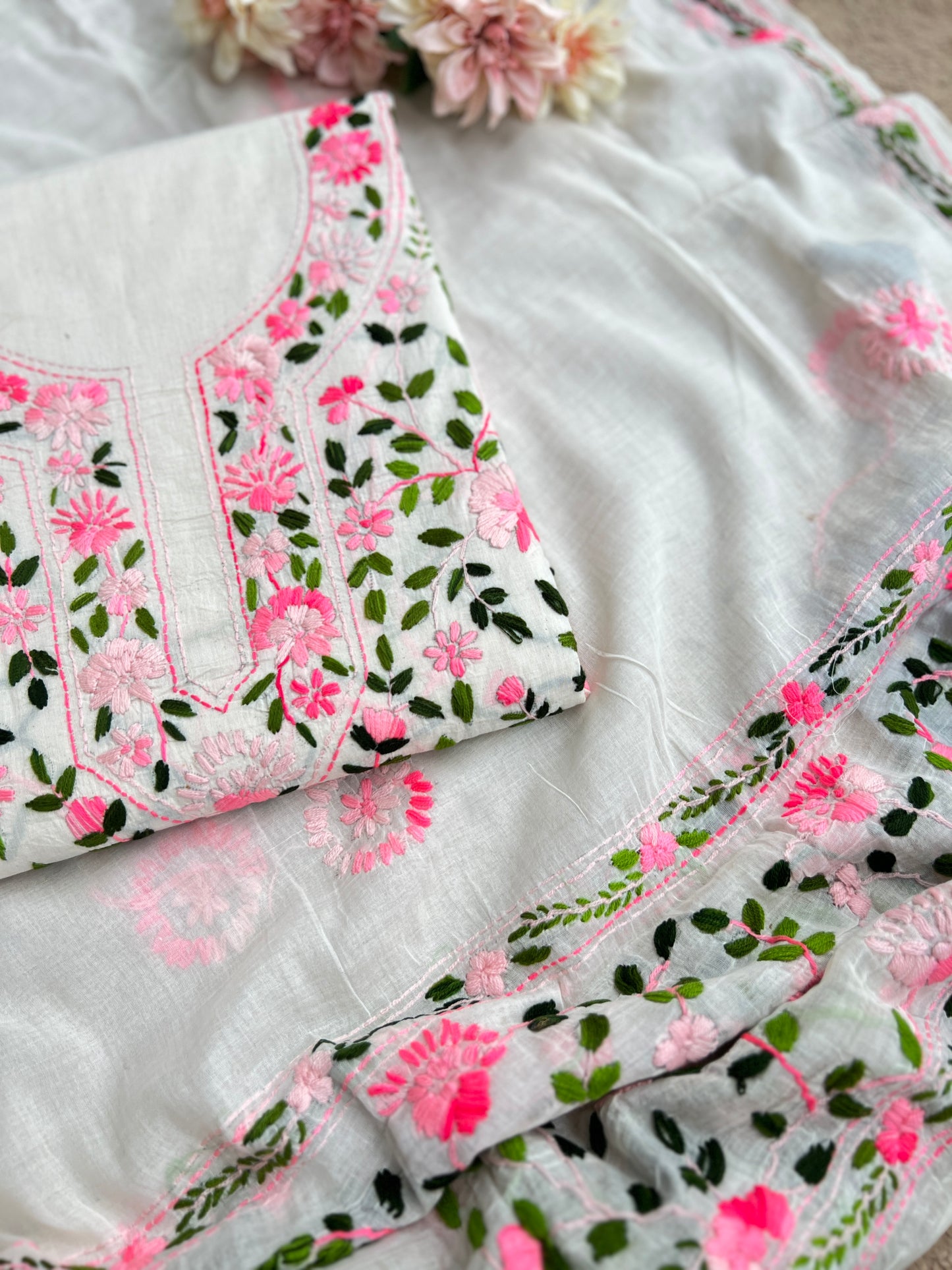 Ivory Pink Pure Cotton Hand-Embroidered Salwar suit