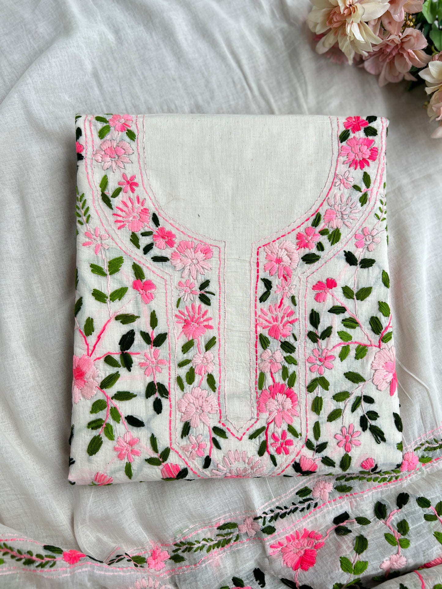 Ivory Pink Pure Cotton Hand-Embroidered Salwar suit