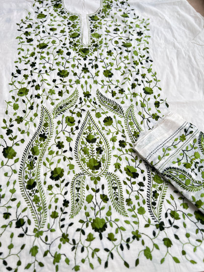 Ivory Olive Green Pure Cotton Hand-Embroidered Unstitched Dress Material