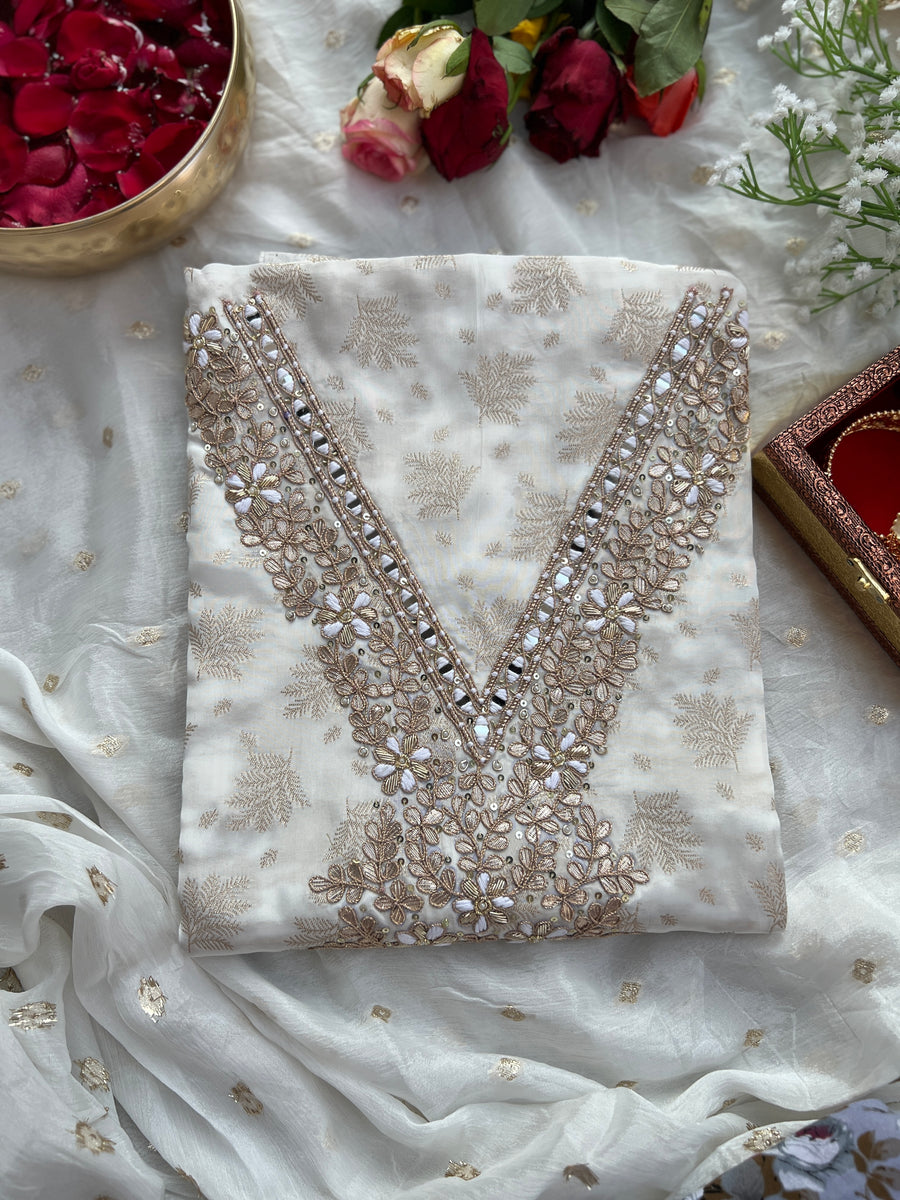 Milk Moon Shimmer Jacquard Banarasi Silk Suit with Chiffon Boota Dupatta