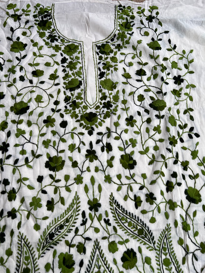 Ivory Olive Green Pure Cotton Hand-Embroidered Unstitched Dress Material