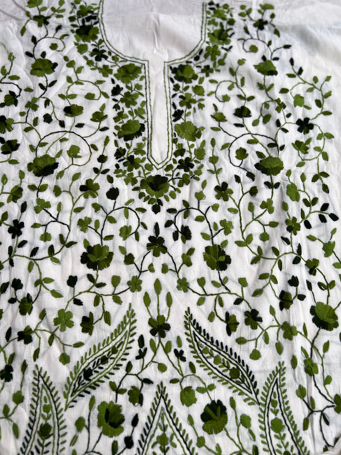 Ivory Olive Green Pure Cotton Hand-Embroidered Unstitched Dress Material