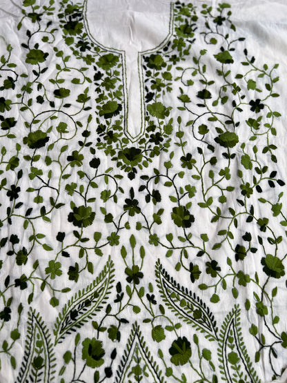 Ivory Olive Green Pure Cotton Hand-Embroidered Unstitched Dress Material