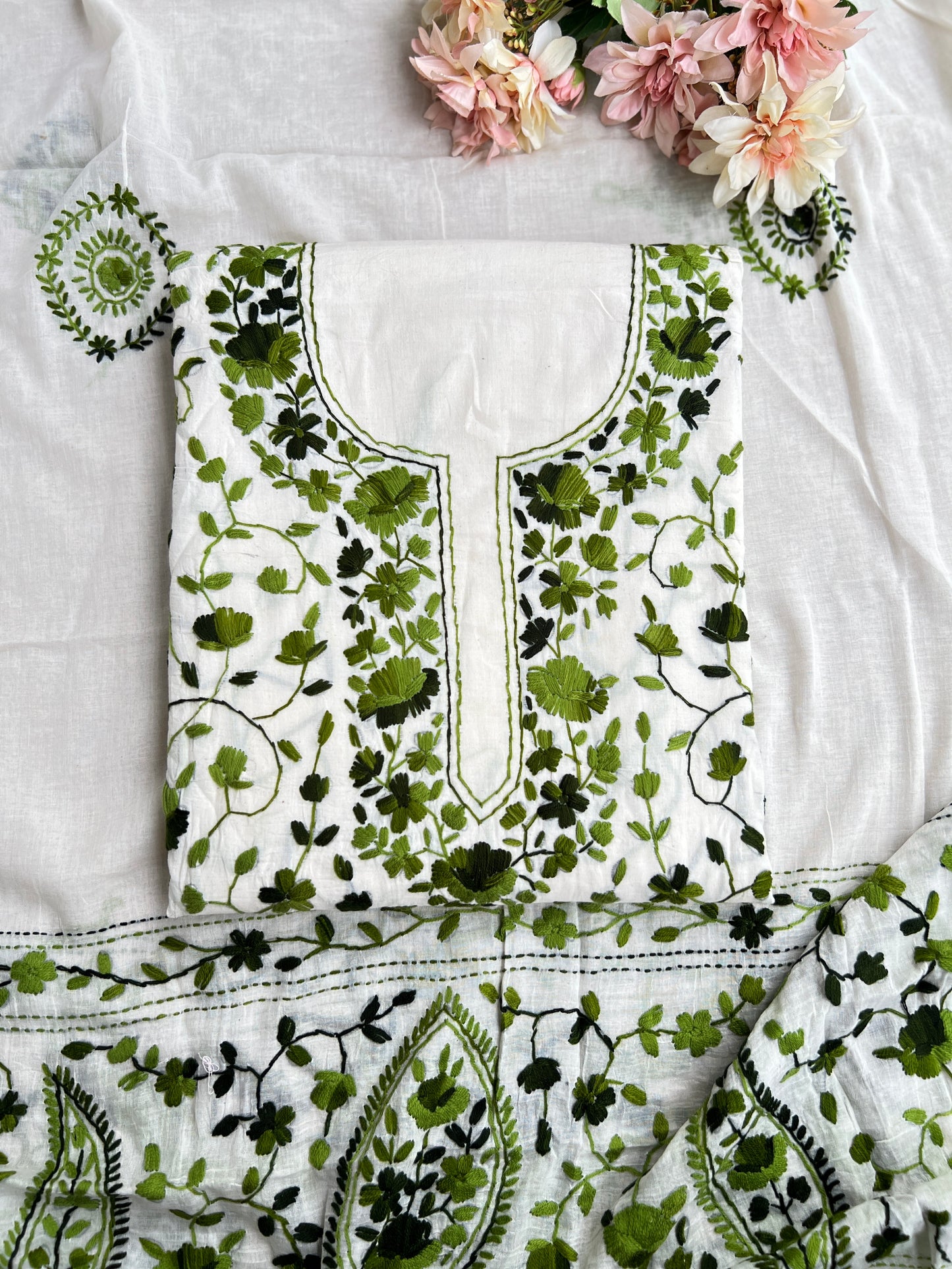 Ivory Olive Green Pure Cotton Hand-Embroidered Unstitched Dress Material