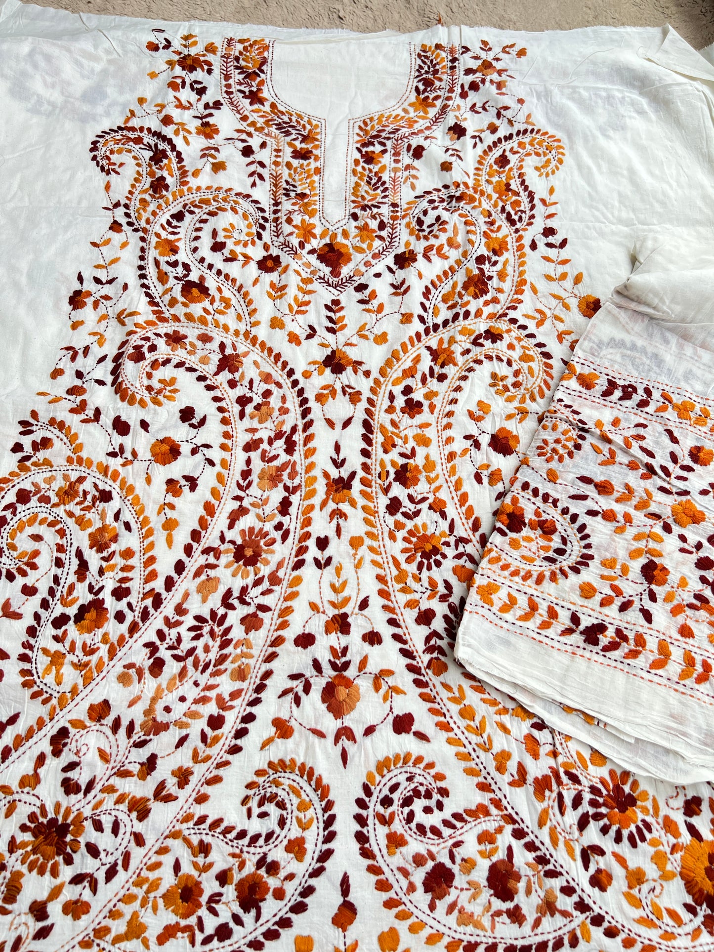 Ivory Rust Pure Cotton Hand-Embroidered Unstitched Dress Material