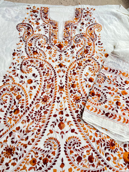 Ivory Rust Pure Cotton Hand-Embroidered Unstitched Dress Material