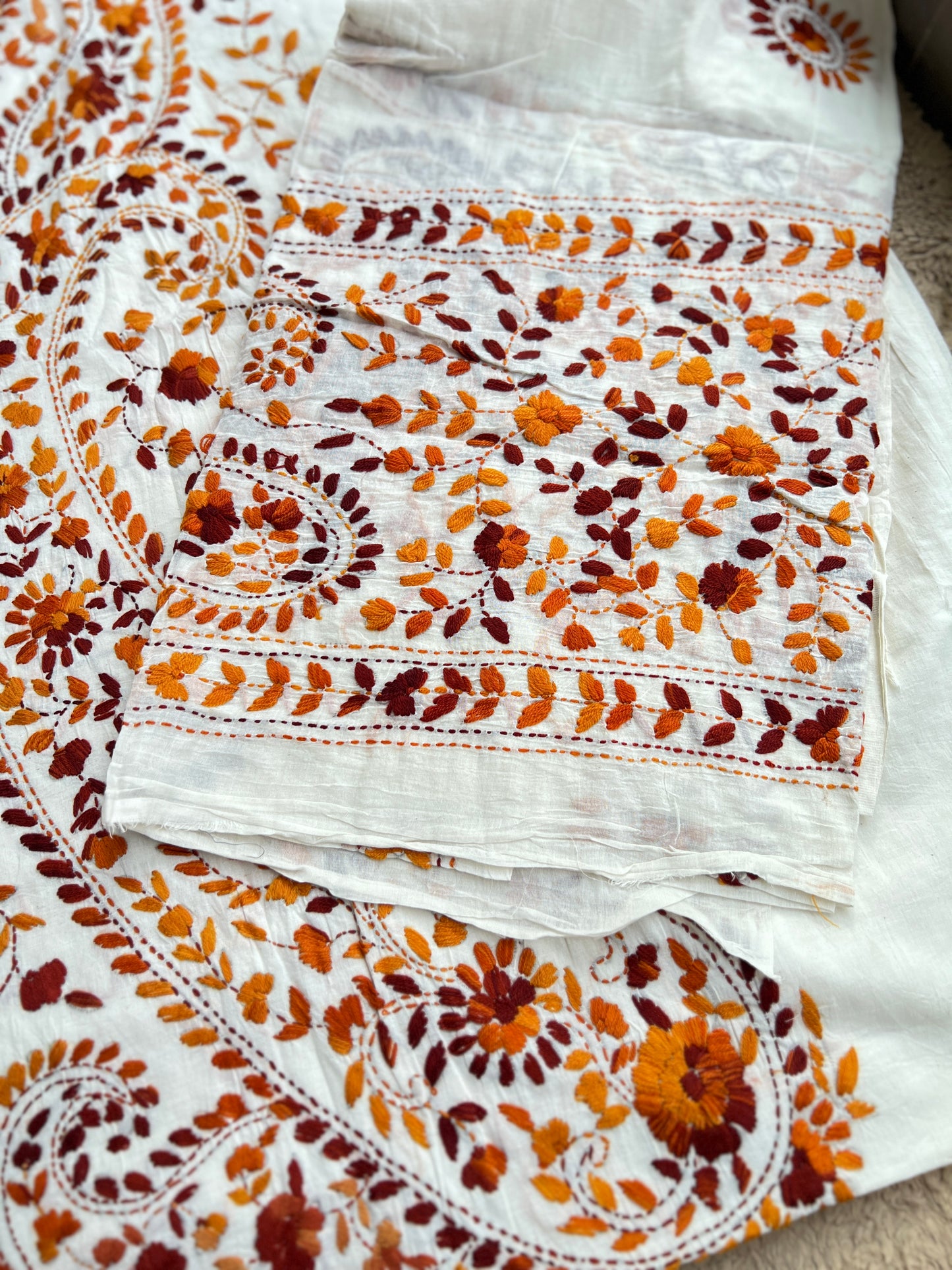 Ivory Rust Pure Cotton Hand-Embroidered Unstitched Dress Material