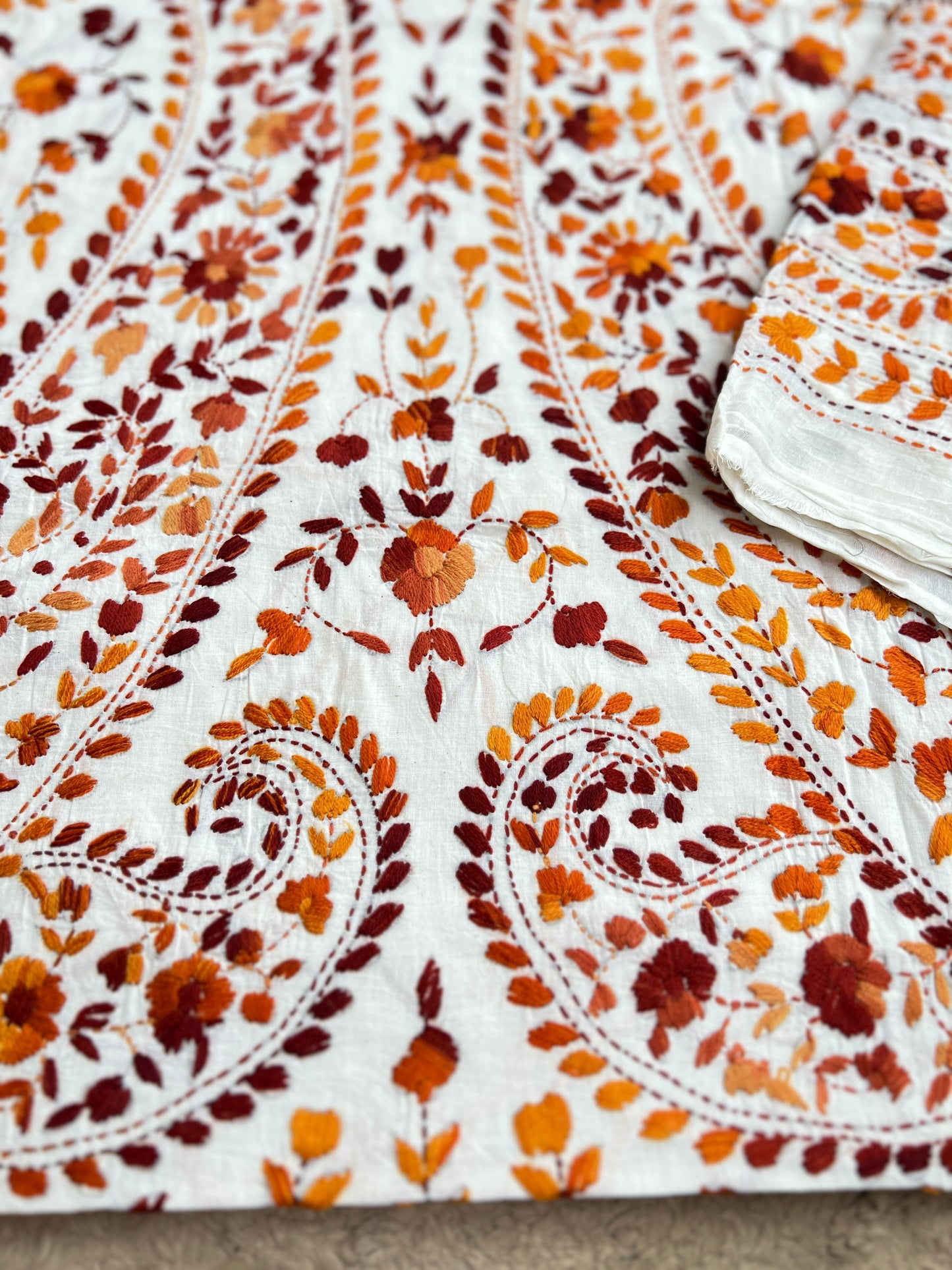 Ivory Rust Pure Cotton Hand-Embroidered Unstitched Dress Material