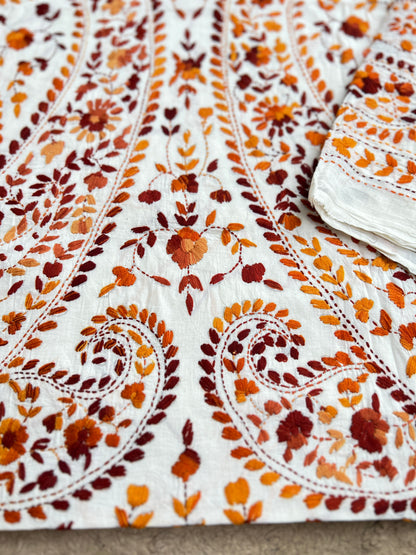 Ivory Rust Pure Cotton Hand-Embroidered Unstitched Dress Material