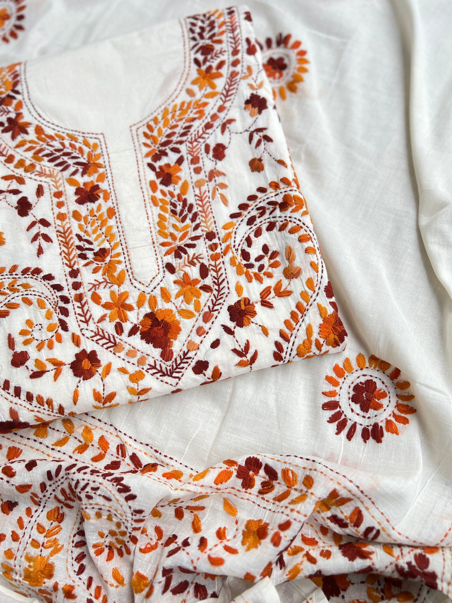 Ivory Rust Pure Cotton Hand-Embroidered Unstitched Dress Material