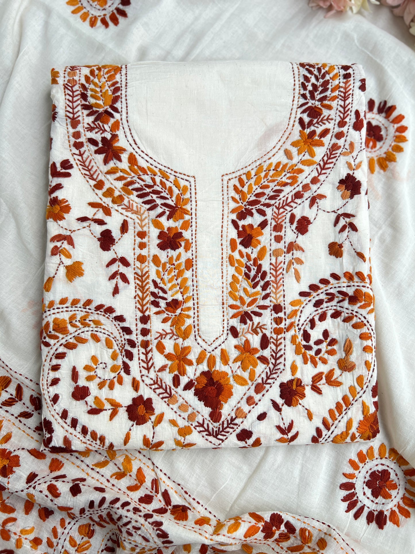Ivory Rust Pure Cotton Hand-Embroidered Unstitched Dress Material