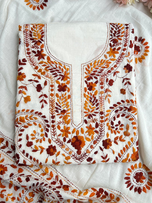 Ivory Rust Pure Cotton Hand-Embroidered Unstitched Dress Material
