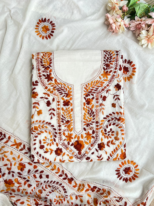 Ivory Rust Pure Cotton Hand-Embroidered Unstitched Dress Material