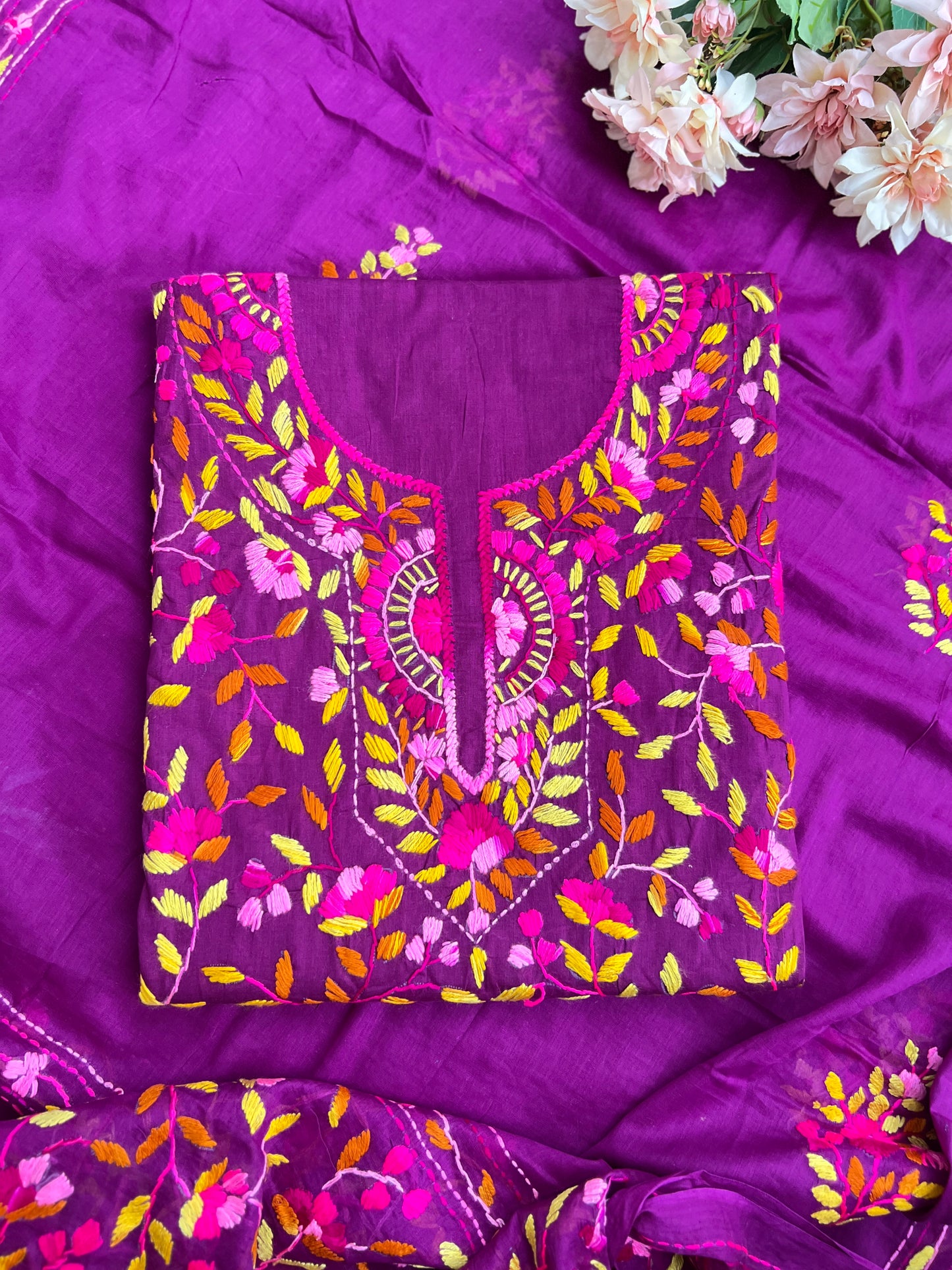 Magenta Purple Pure Cotton Hand-Embroidered Unstitched Dress Material