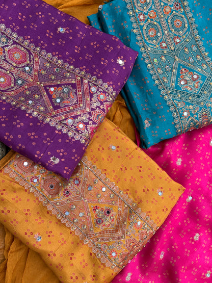 Luxurious Russia Silk Suit with Mirror Work & Chiffon Dupatta