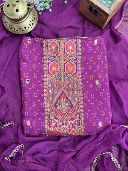 Luxurious Russia Silk Suit with Mirror Work & Chiffon Dupatta