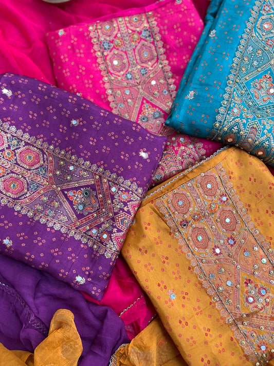 Luxurious Russia Silk Suit with Mirror Work & Chiffon Dupatta