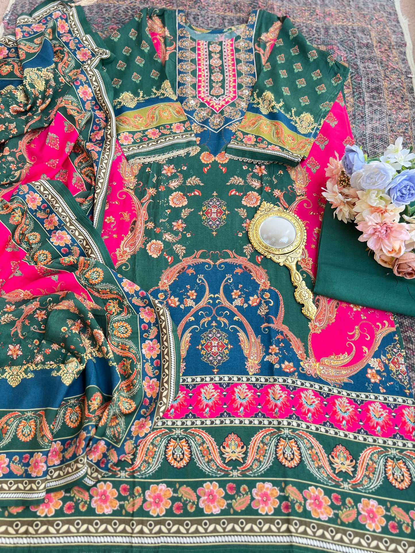 Emerald Bloom Muslin Karanchi Suit Set